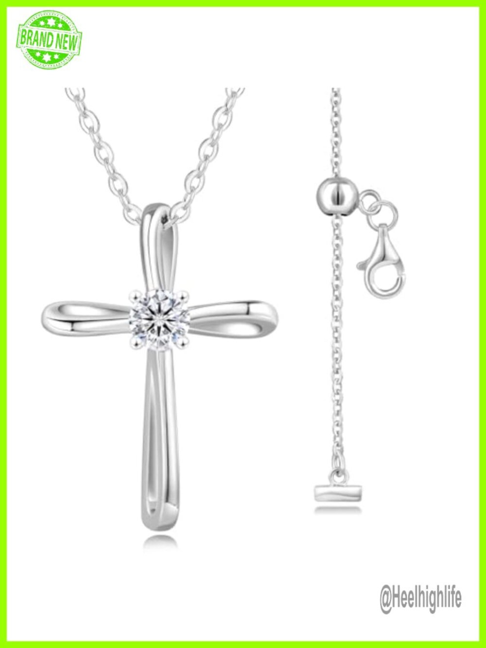 Moissanite Cross Necklace 925 Vermeil Sterling Silver Adjustable Chain